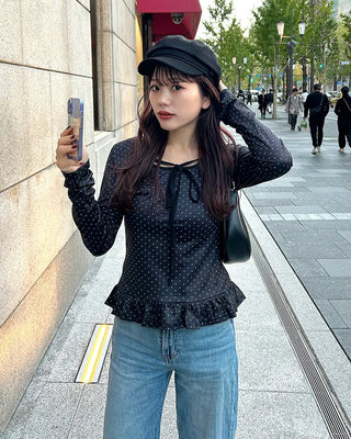 Ribbon Tie Dot Frill T-Shirt