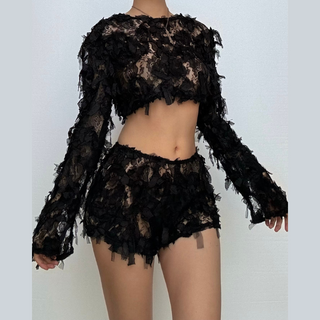 Long sleeve mesh ruffle crop short pant set