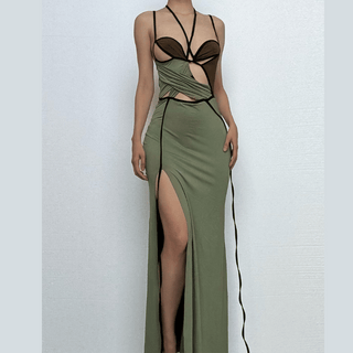 Halter contrast hollow out slit cami cut out midi dress