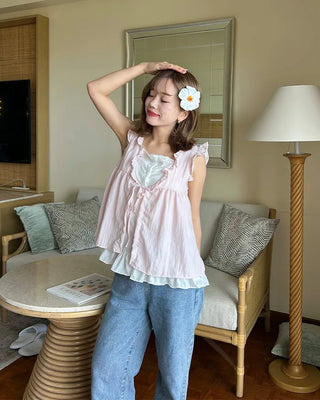 Layered frill ribbon blouse