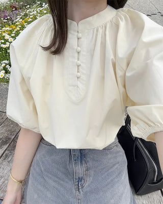 (ORIGINAL) Henley Neck Ribbon Balloon Blouse