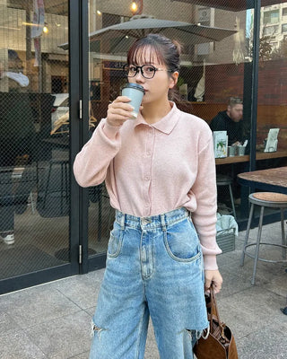 Colored neck knit cardigan