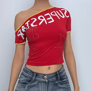 Short sleeve one shoulder â€œsuper starâ€ print top