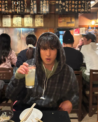 Checkered fleece knit hooded zip-up