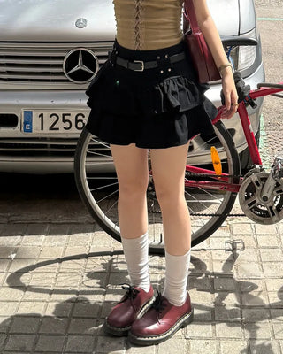 (With belt) Studded ruffle mini skirt