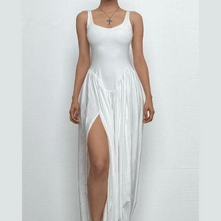 U neck ruched solid backless cami maxi dress