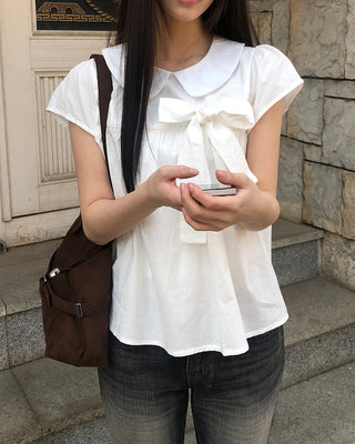 Ribbon check short-sleeved blouse