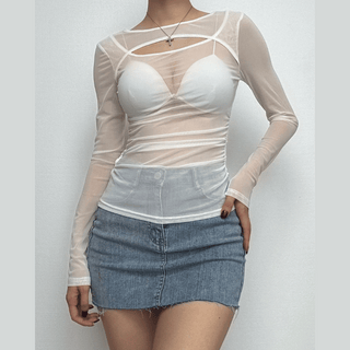 Long sleeve ruched sheer mesh solid top