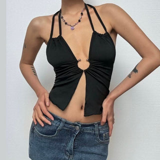 Hollow out ruffle halter self tie crop cut out top