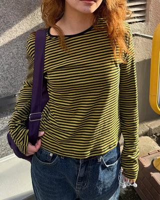 Round neck striped long T-shirt