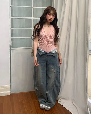 Halter neck shirred sleeveless top