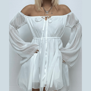 Off shoulder long flared self tie mini dress