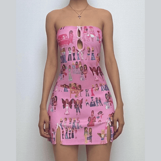 Hollow out bowknot print slit tube cut out mini dress