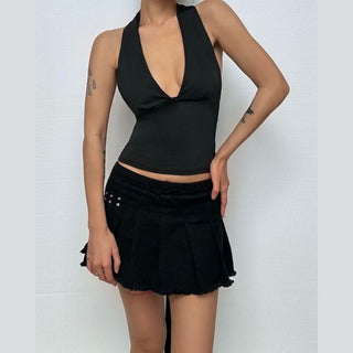 V neck halter backless solid top
