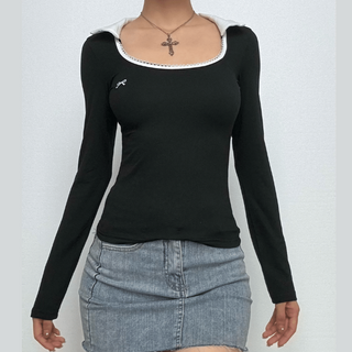 Long sleeve turnover collar bowknot embroidery top