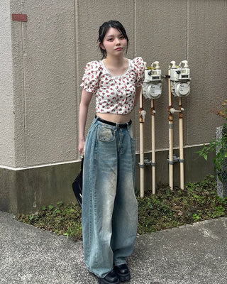 Flower Button Cropped T-Shirt