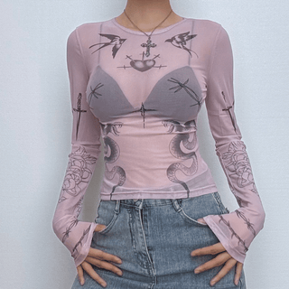 Long sleeve angel print sheer mesh crewneck top