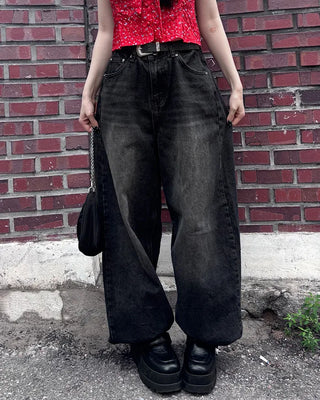 Washed balloon denim pants