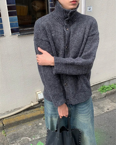 High-neck button-point cardigan