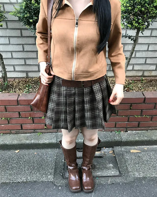 Square belt check pleated mini skirt