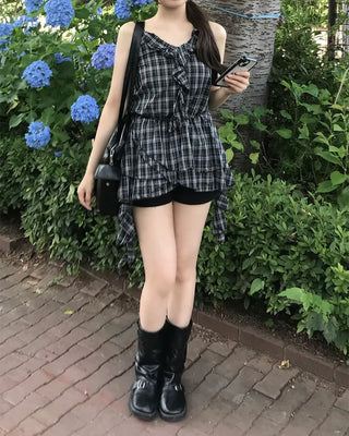 V-neck checkered ruffle camisole