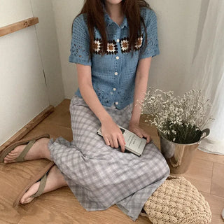 Checked mesh long skirt