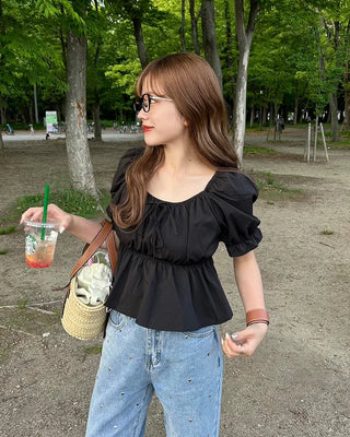 Ribbon Shirred Off-Shoulder Blouse