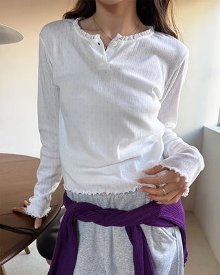 Half-button frill ribbed long T-shirt