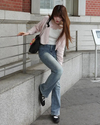 Washed denim bootcut pants