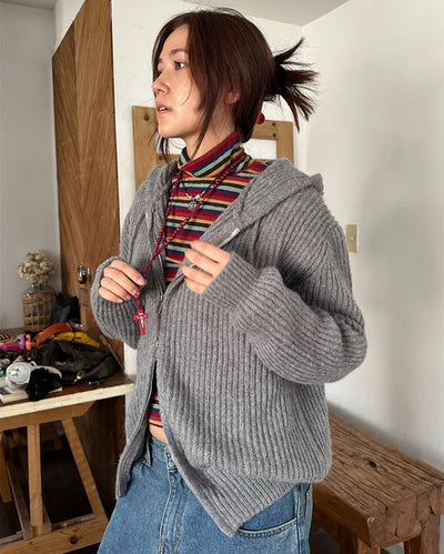 (Unisex) Rib-Knit Zip-Up Hoodie