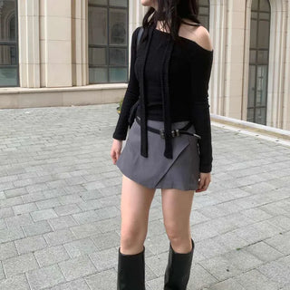 Scarf Choker Off-Shoulder Asymmetrical Long-Sleeve T-Shirt