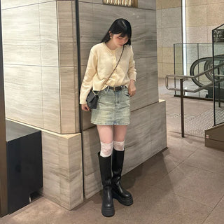 Belted denim mini skirt