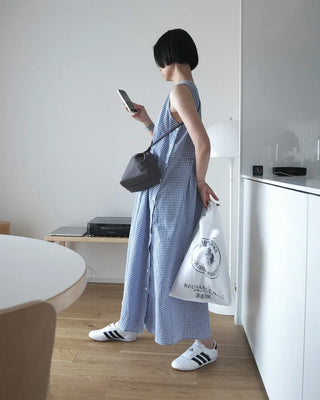 Side-button check dress