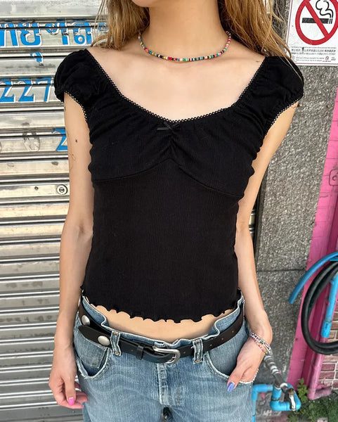 Gathered Shoulder Rib Pointelle Tank Top