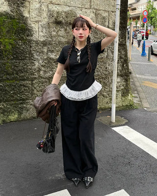 Lace Shirring Half-Sleeve T-Shirt
