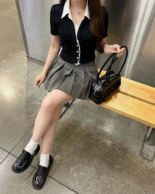 Shirt-layered short-sleeved cardigan