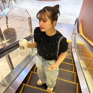 Pearl Cable Knit Short Sleeve Knit