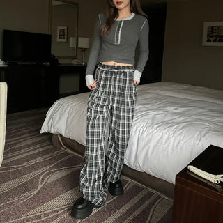 Checked wide banding pants