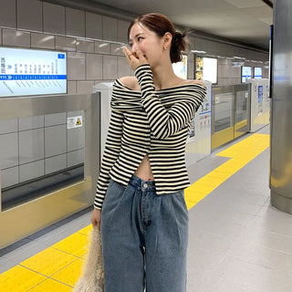 Striped button-down off-shoulder T-shirt