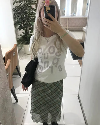 Waist ribbon detail check midi skirt