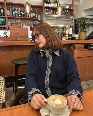 Denim-colored neck knit cardigan