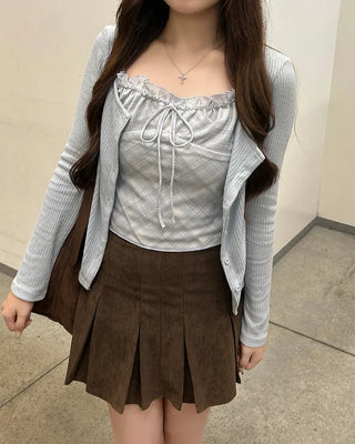 Check sleeveless cardigan set
