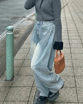Side-tuck wide denim pants