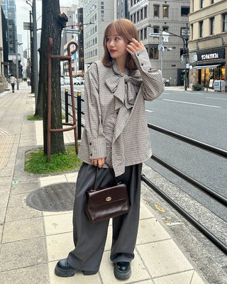 Checked ribbon tie blouse