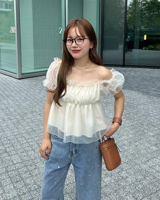 Organza Shirred Off-Shoulder Blouse