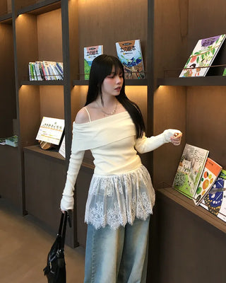 Off-shoulder knit frill camisole set