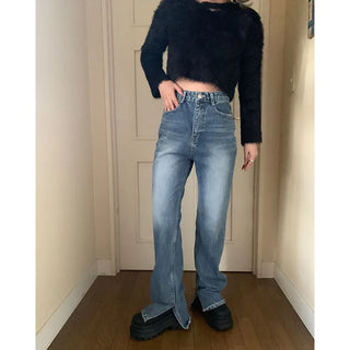 Flared slit denim pants