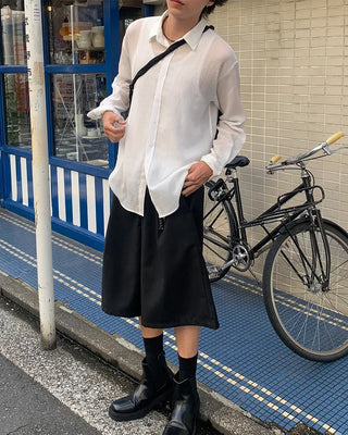 Pleated sheer long-sleeved shirt