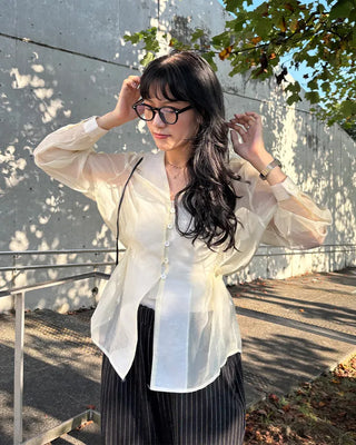 Collarless sheer blouse