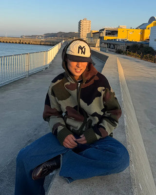 Camouflage knit hooded zip-up